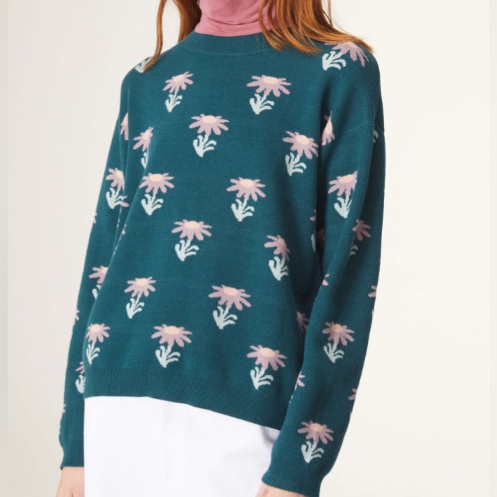 Compania fantastica teal daisy jacquard knit sweater- Size S